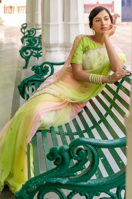 Shop_Geroo Jaipur_Multi Color Chiffon Mirrors, Shaded Saree With Unstitched Blouse Piece _Online_at_Aza_Fashions