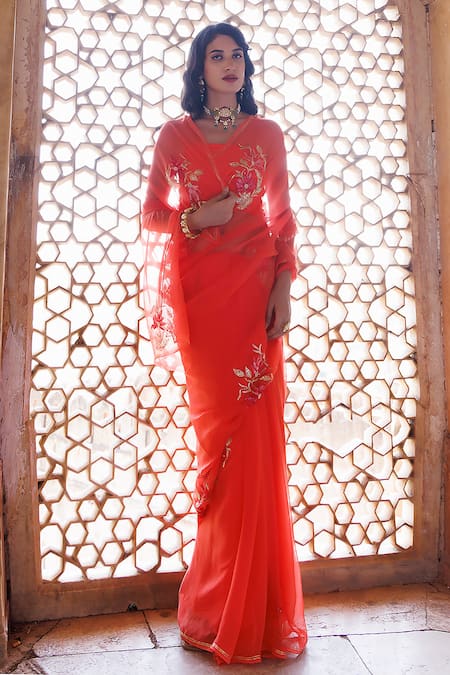 Buy Geroo Jaipur Peach Chiffon Sequins, Floral Embroidered Saree With Unstitched Blouse Piece Online at Aza Fashions Buy_Geroo Jaipur_Peach Chiffon Sequins, Floral Embroidered Saree With Unstitched Blouse Piece _Online_at_Aza_Fashions