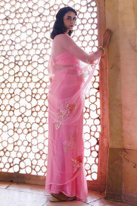 Geroo Jaipur Pink Chiffon Sequins, Floral Hand Embroidered Saree With Unstitched Blouse Piece Online at Aza Fashions Geroo Jaipur_Pink Chiffon Sequins, Floral Hand Embroidered Saree With Unstitched Blouse Piece _Online_at_Aza_Fashions