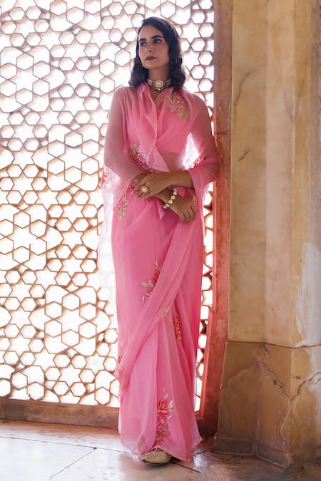 Buy Geroo Jaipur Pink Chiffon Sequins, Floral Hand Embroidered Saree With Unstitched Blouse Piece Online at Aza Fashions Buy_Geroo Jaipur_Pink Chiffon Sequins, Floral Hand Embroidered Saree With Unstitched Blouse Piece _Online_at_Aza_Fashions