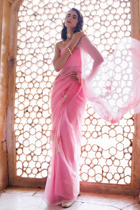 Geroo Jaipur Pink Chiffon Sequins, Floral Hand Embroidered Saree With Unstitched Blouse Piece at Aza Fashions Geroo Jaipur_Pink Chiffon Sequins, Floral Hand Embroidered Saree With Unstitched Blouse Piece _at_Aza_Fashions