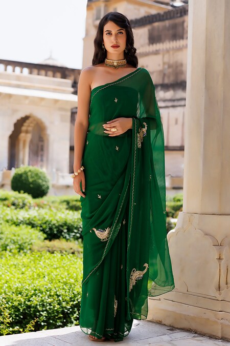 Buy CHARUKRITI Light Green Resham Saree With All Over Sequin Design And  Pallu With Unstitched Blouse online