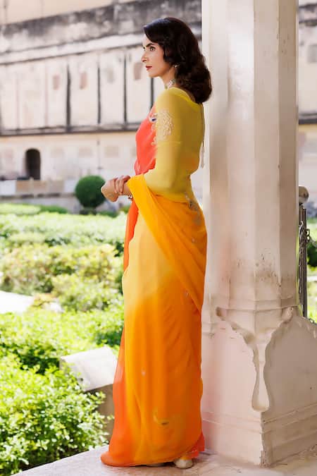 Geroo Jaipur Yellow Chiffon Peacock Motif Shaded Saree With Unstitched Blouse Piece Online at Aza Fashions Geroo Jaipur_Yellow Chiffon Peacock Motif Shaded Saree With Unstitched Blouse Piece _Online_at_Aza_Fashions