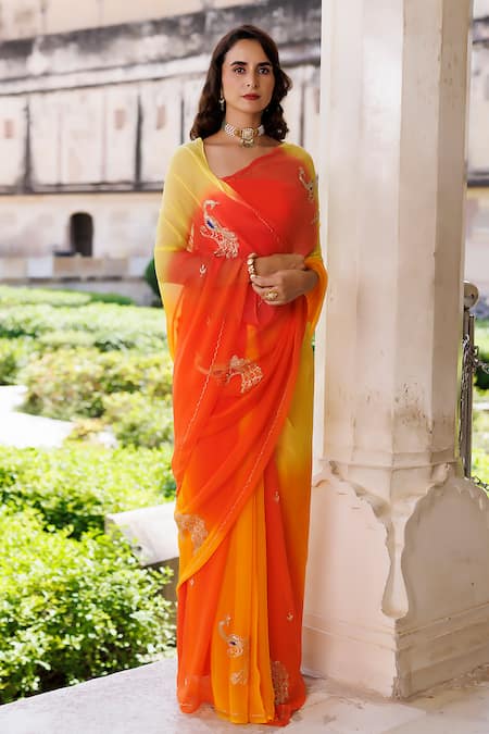 Buy Geroo Jaipur Yellow Chiffon Peacock Motif Shaded Saree With Unstitched Blouse Piece Online at Aza Fashions Buy_Geroo Jaipur_Yellow Chiffon Peacock Motif Shaded Saree With Unstitched Blouse Piece _Online_at_Aza_Fashions