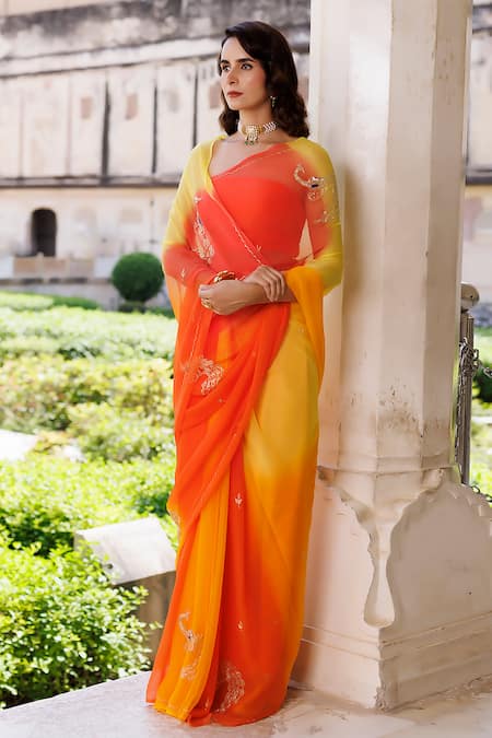 Shop Geroo Jaipur Yellow Chiffon Peacock Motif Shaded Saree With Unstitched Blouse Piece Online at Aza Fashions Shop_Geroo Jaipur_Yellow Chiffon Peacock Motif Shaded Saree With Unstitched Blouse Piece _Online_at_Aza_Fashions