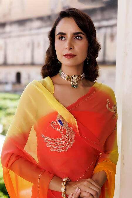 Geroo Jaipur Yellow Chiffon Peacock Motif Shaded Saree With Unstitched Blouse Piece at Aza Fashions Geroo Jaipur_Yellow Chiffon Peacock Motif Shaded Saree With Unstitched Blouse Piece _at_Aza_Fashions