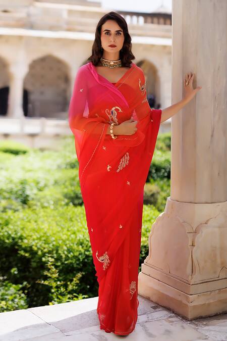 Buy Geroo Jaipur Pink Chiffon Embroidery Peacock Motif Shaded Saree With Unstitched Blouse Piece Online at Aza Fashions Buy_Geroo Jaipur_Pink Chiffon Embroidery Peacock Motif Shaded Saree With Unstitched Blouse Piece _Online_at_Aza_Fashions