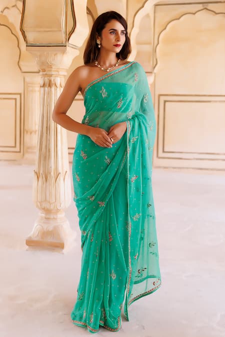 Buy Geroo Jaipur Blue Chiffon Floral Pattern Saree With Unstitched Blouse Piece Online at Aza Fashions Buy_Geroo Jaipur_Blue Chiffon Floral Pattern Saree With Unstitched Blouse Piece _Online_at_Aza_Fashions