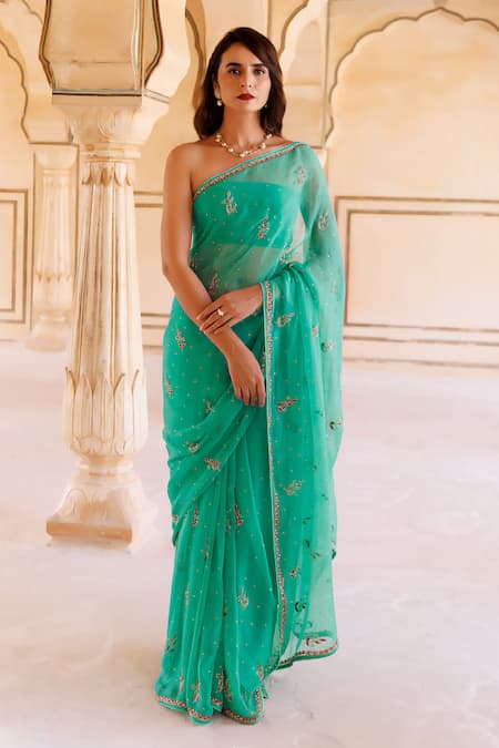 Shop Geroo Jaipur Blue Chiffon Floral Pattern Saree With Unstitched Blouse Piece Online at Aza Fashions Shop_Geroo Jaipur_Blue Chiffon Floral Pattern Saree With Unstitched Blouse Piece _Online_at_Aza_Fashions