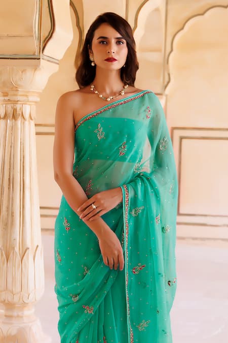 Geroo Jaipur Blue Chiffon Floral Pattern Saree With Unstitched Blouse Piece at Aza Fashions Geroo Jaipur_Blue Chiffon Floral Pattern Saree With Unstitched Blouse Piece _at_Aza_Fashions