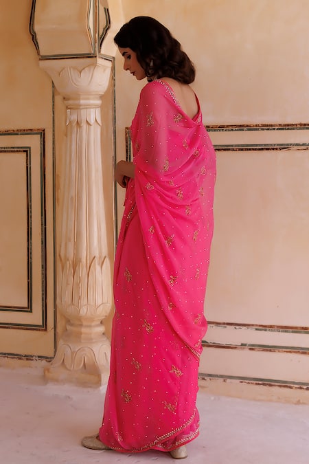 Shop Geroo Jaipur Pink Chiffon Embroidery Flower Pattern Saree With Unstitched Blouse Piece at Aza Fashions Shop_Geroo Jaipur_Pink Chiffon Embroidery Flower Pattern Saree With Unstitched Blouse Piece _at_Aza_Fashions