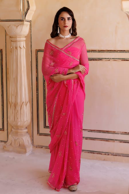 Geroo Jaipur Pink Chiffon Embroidery Flower Pattern Saree With Unstitched Blouse Piece Online at Aza Fashions Geroo Jaipur_Pink Chiffon Embroidery Flower Pattern Saree With Unstitched Blouse Piece _Online_at_Aza_Fashions