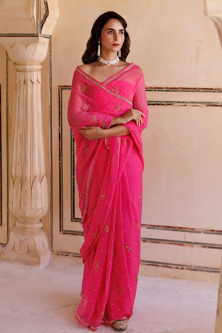 Shop Geroo Jaipur Pink Chiffon Embroidery Flower Pattern Saree With Unstitched Blouse Piece Online at Aza Fashions Shop_Geroo Jaipur_Pink Chiffon Embroidery Flower Pattern Saree With Unstitched Blouse Piece _Online_at_Aza_Fashions