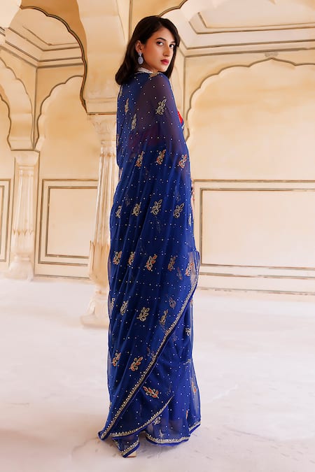 Geroo Jaipur Blue Chiffon Embroidery Floret Pattern Saree With Unstitched Blouse Piece Online at Aza Fashions Geroo Jaipur_Blue Chiffon Embroidery Floret Pattern Saree With Unstitched Blouse Piece _Online_at_Aza_Fashions