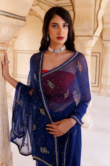 Shop Geroo Jaipur Blue Chiffon Embroidery Floret Pattern Saree With Unstitched Blouse Piece Online at Aza Fashions Shop_Geroo Jaipur_Blue Chiffon Embroidery Floret Pattern Saree With Unstitched Blouse Piece _Online_at_Aza_Fashions