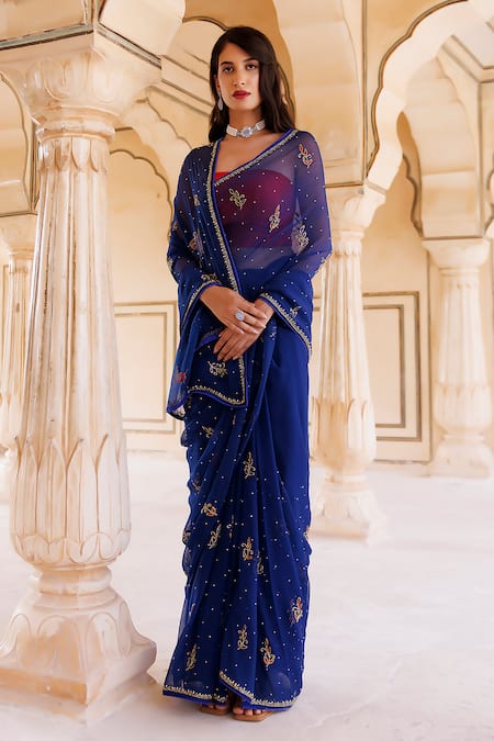 Geroo Jaipur Blue Chiffon Embroidery Floret Pattern Saree With Unstitched Blouse Piece at Aza Fashions Geroo Jaipur_Blue Chiffon Embroidery Floret Pattern Saree With Unstitched Blouse Piece _at_Aza_Fashions