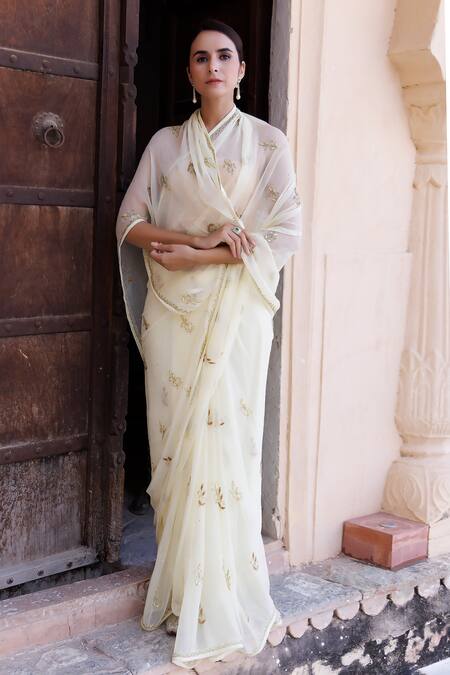 Shop Geroo Jaipur Cream Chiffon Embroidery Saree With Unstitched Blouse Piece Online at Aza Fashions Shop_Geroo Jaipur_Cream Chiffon Embroidery Saree With Unstitched Blouse Piece _Online_at_Aza_Fashions