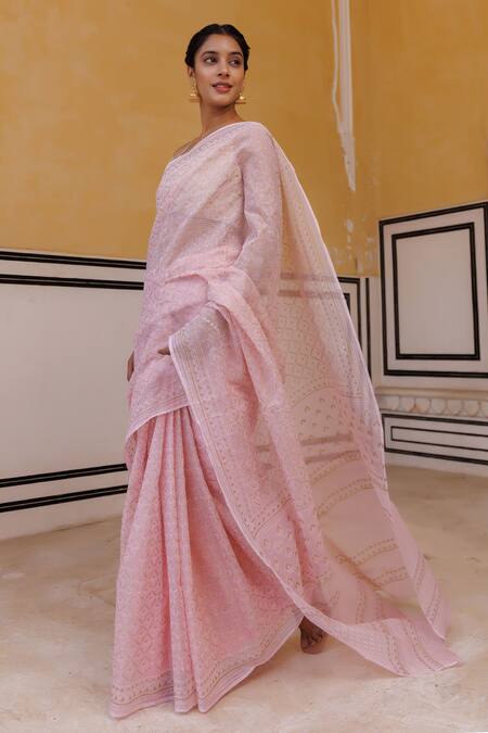 Geroo Jaipur_Pink Kota Doria Embroidery Mughal Hand Block Print Saree_Online_at_Aza_Fashions