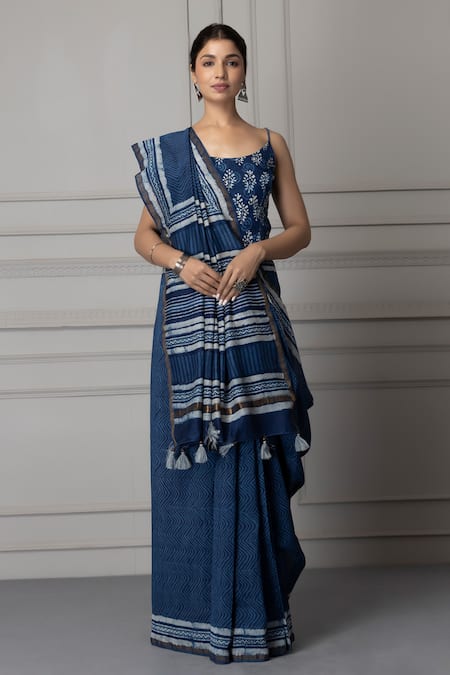 Geroo Jaipur Blue Pure Chanderi Hand Block Printed Stripe Saree With Unstitched Blouse Piece