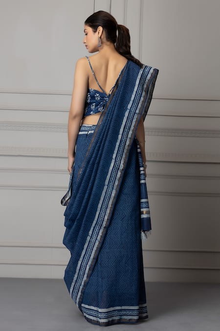 Shop Geroo Jaipur Blue Chanderi Beads Hand Block Printed Saree With Unstitched Blouse Piece at Aza Fashions Shop_Geroo Jaipur_Blue Chanderi Beads Hand Block Printed Saree With Unstitched Blouse Piece _at_Aza_Fashions