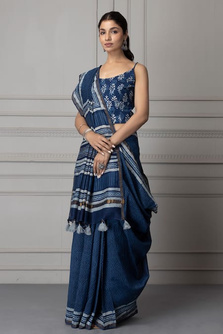 Geroo Jaipur Blue Chanderi Beads Hand Block Printed Saree With Unstitched Blouse Piece Online at Aza Fashions Geroo Jaipur_Blue Chanderi Beads Hand Block Printed Saree With Unstitched Blouse Piece _Online_at_Aza_Fashions