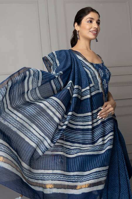 Shop Geroo Jaipur Blue Chanderi Beads Hand Block Printed Saree With Unstitched Blouse Piece Online at Aza Fashions Shop_Geroo Jaipur_Blue Chanderi Beads Hand Block Printed Saree With Unstitched Blouse Piece _Online_at_Aza_Fashions