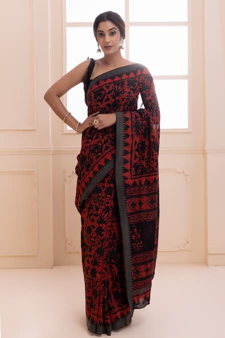 Geroo Jaipur Red Pure Chanderi Hand Block Printed Floral Saree With Unstitched Blouse Piece
