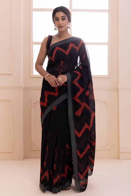 Geroo Jaipur Red Pure Chanderi Hand Block Printed Chevron Saree With Unstitched Blouse Piece