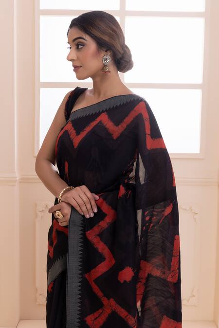 Shop Geroo Jaipur Red Chanderi Chevron Print Saree With Unstitched Blouse Piece Online at Aza Fashions Shop_Geroo Jaipur_Red Chanderi Chevron Print Saree With Unstitched Blouse Piece_Online_at_Aza_Fashions