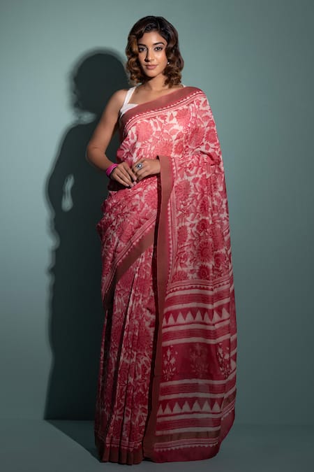 Geroo Jaipur Pink Pure Chanderi Hand Block Printed Floral Saree With Unstitched Blouse Piece