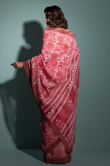 Shop Geroo Jaipur Pink Chanderi Floral Hand Block Print Saree With Unstitched Blouse Piece at Aza Fashions Shop_Geroo Jaipur_Pink Chanderi Floral Hand Block Print Saree With Unstitched Blouse Piece _at_Aza_Fashions