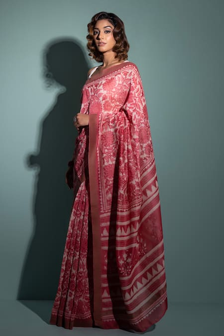Geroo Jaipur Pink Chanderi Floral Hand Block Print Saree With Unstitched Blouse Piece Online at Aza Fashions Geroo Jaipur_Pink Chanderi Floral Hand Block Print Saree With Unstitched Blouse Piece _Online_at_Aza_Fashions