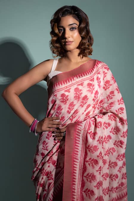 Shop Geroo Jaipur Pink Chanderi Embroidery Flower Print Saree With Unstitched Blouse Piece Online at Aza Fashions Shop_Geroo Jaipur_Pink Chanderi Embroidery Flower Print Saree With Unstitched Blouse Piece _Online_at_Aza_Fashions