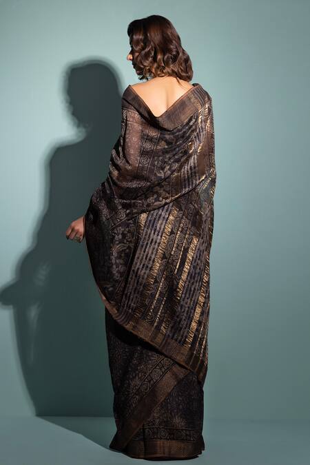 Shop Geroo Jaipur Black Chanderi Zari Garden Print Saree With Unstitched Blouse Piece at Aza Fashions Shop_Geroo Jaipur_Black Chanderi Zari Garden Print Saree With Unstitched Blouse Piece_at_Aza_Fashions