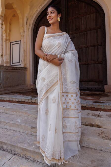 Geroo Jaipur_White Pure Chanderi Hand Block Printed Saree With Unstitched Blouse Piece _Online_at_Aza_Fashions