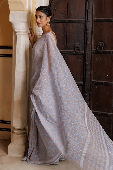 Shop Geroo Jaipur Grey Kota Doria Floral Print Saree With Unstitched Blouse Piece at Aza Fashions Shop_Geroo Jaipur_Grey Kota Doria Floral Print Saree With Unstitched Blouse Piece _at_Aza_Fashions
