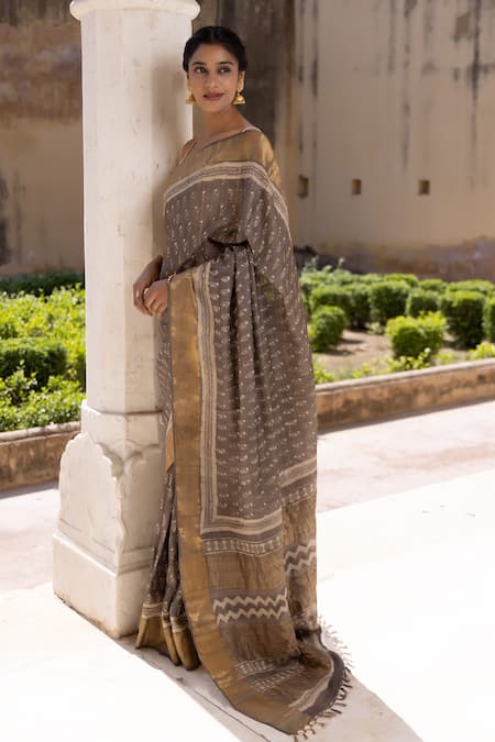 Geroo Jaipur Garden Hand Block Print Saree With Unstitched Blouse Piece 