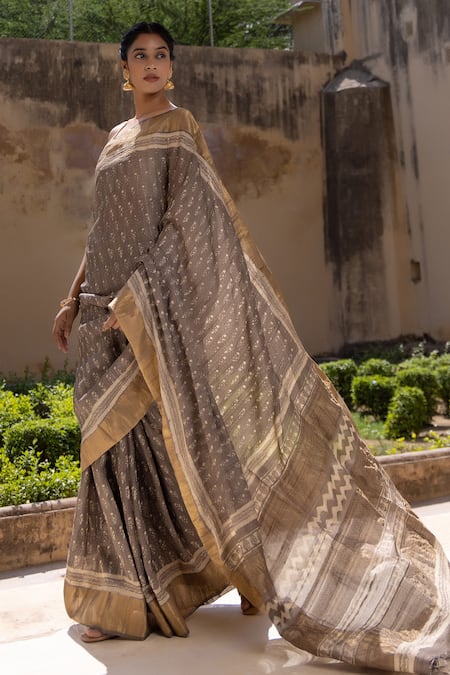 Geroo Jaipur Grey Tussar Garden Hand Block Print Saree With Unstitched Blouse Piece Online at Aza Fashions Geroo Jaipur_Grey Tussar Garden Hand Block Print Saree With Unstitched Blouse Piece _Online_at_Aza_Fashions