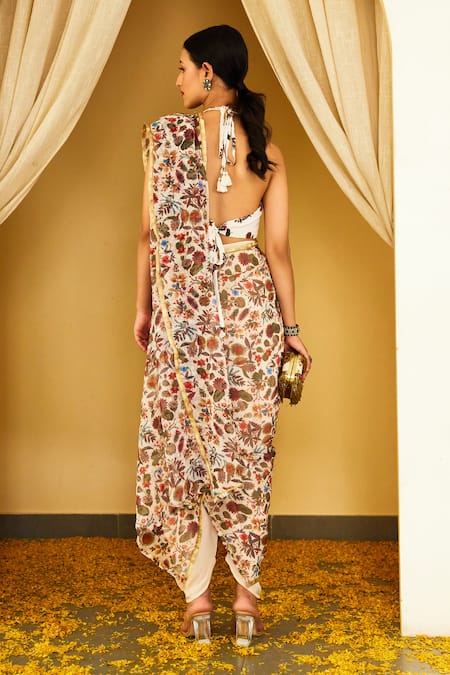 Nikasha Floral Print Pallu Dhoti Pant Saree With Blouse 