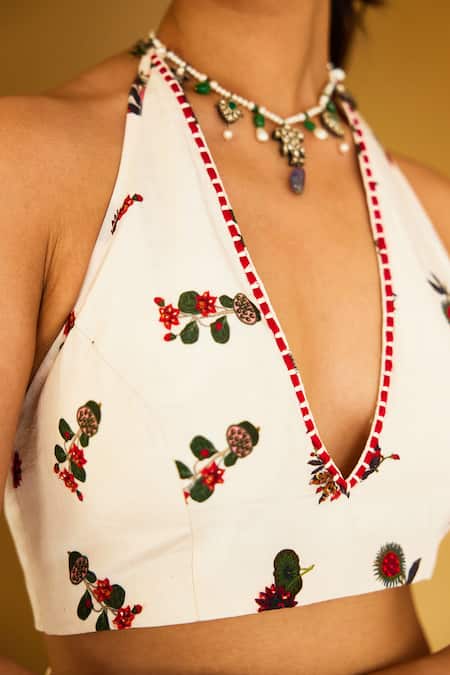 Shop_Nikasha_Ivory Viscose, Handloom Cotton Floral Print Pallu Dhoti Pant Saree With Blouse _Online_at_Aza_Fashions