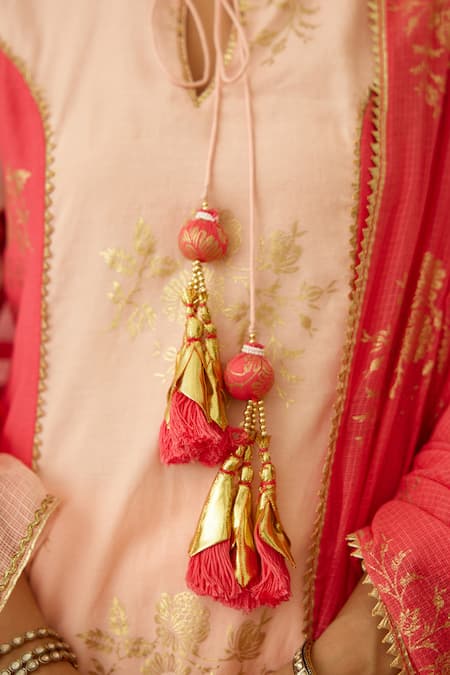 Nikasha_Peach Cotton, Silk, Kota Doria Foil Printing, Embroidery, Kurta Dhoti Pant Set _Online_at_Aza_Fashions