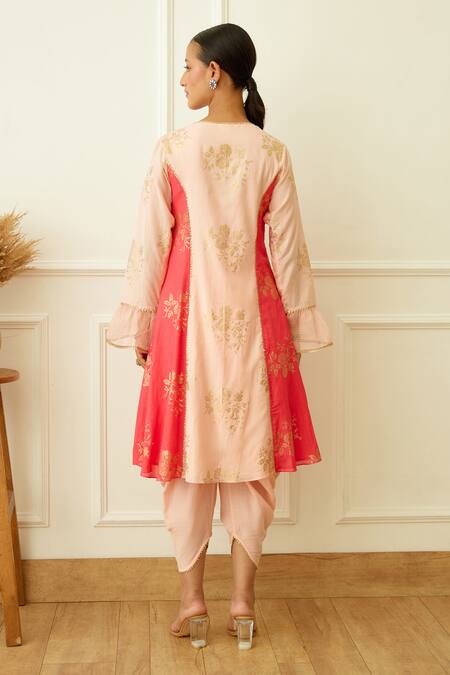 Shop_Nikasha_Peach Cotton, Silk, Kota Doria Foil Printing, Embroidery, Kurta Dhoti Pant Set _Online_at_Aza_Fashions