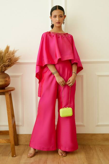 Buy_Nikasha_Pink Rayon, Silk Sequins Round Neck Flared Top With Pant _Online_at_Aza_Fashions