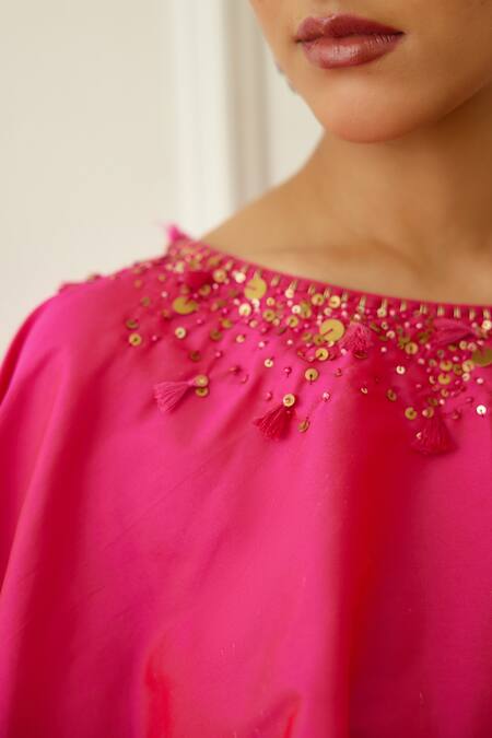 Shop_Nikasha_Pink Rayon, Silk Sequins Round Neck Flared Top With Pant _Online_at_Aza_Fashions