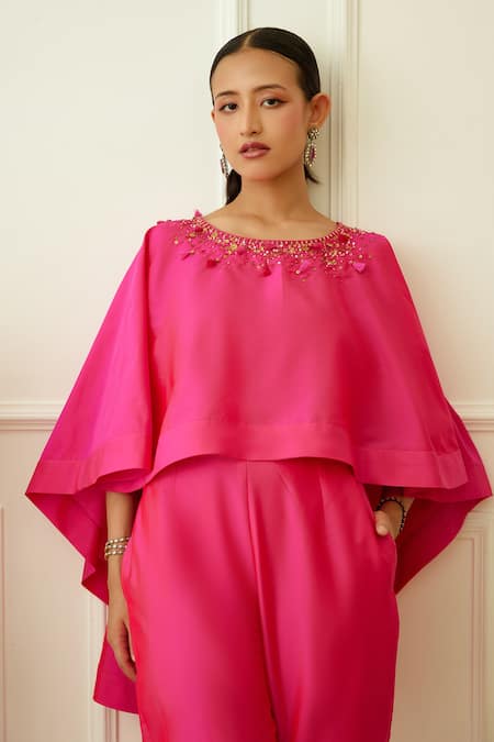 Nikasha_Pink Rayon, Silk Sequins Round Neck Flared Top With Pant _at_Aza_Fashions