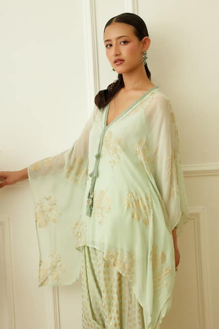 Nikasha_Green Viscose, Georgette, Crepe Embroidery, Foil Printing Kaftan With Dhoti Pant _Online_at_Aza_Fashions
