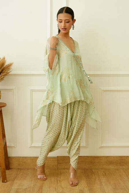 Shop_Nikasha_Green Viscose, Georgette, Crepe Embroidery, Foil Printing Kaftan With Dhoti Pant _Online_at_Aza_Fashions