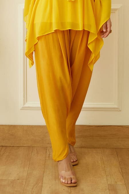 Nikasha_Yellow Viscose Round Neck Flared Solid Kaftan With Dhoti Pant _Online_at_Aza_Fashions