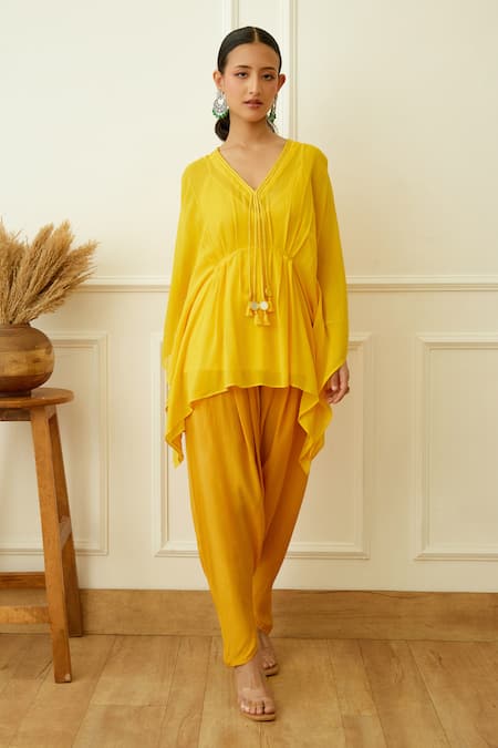 Buy_Nikasha_Yellow Viscose Round Neck Flared Solid Kaftan With Dhoti Pant _Online_at_Aza_Fashions
