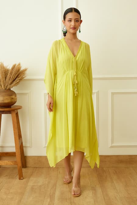 Nikasha_Green Viscose, Georgette Round Neck Pleated Solid Kaftan _Online_at_Aza_Fashions